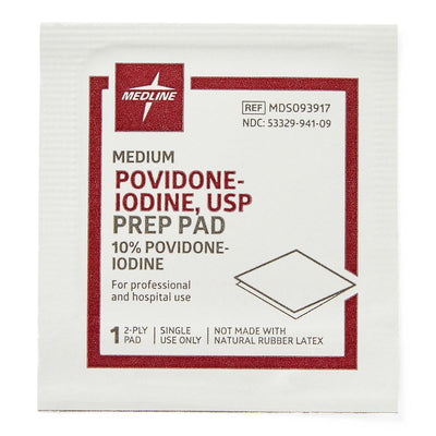 Medline PVP Prep Pads, 10% Povidone Iodine, 2-Ply, Medium, Box of 100