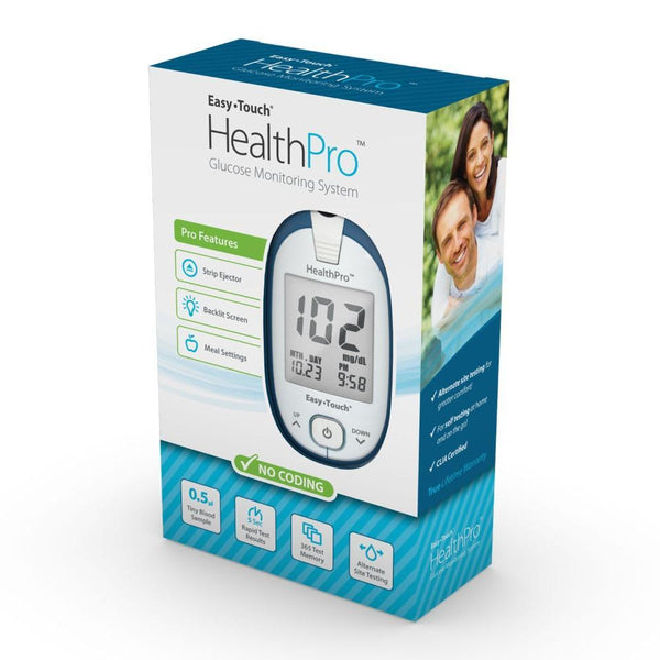 Box of MHC EasyTouch HealthPro Blood Glucose Meter with a depiction of the meter on the front.
