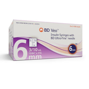 BD Veo 31G (0.25mm) 15/64in (6mm) 3/10cc (0.3mL) Becton Dickinson Ultra-Fine Needle U100 Insulin Syringes, Half-Unit Scale