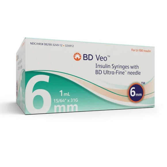 BD Veo 31G (0.25mm) 15/64in (6mm) 1cc (1mL) Becton Dickinson Ultra-Fine Needle U100 Insulin Syringes