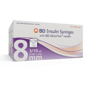 BD 31G (0.25mm) 5/16in (8mm) 3/10cc (0.3mL) Becton Dickinson Ultra-Fine Needle U100 Insulin Syringes, Half Unit Scale