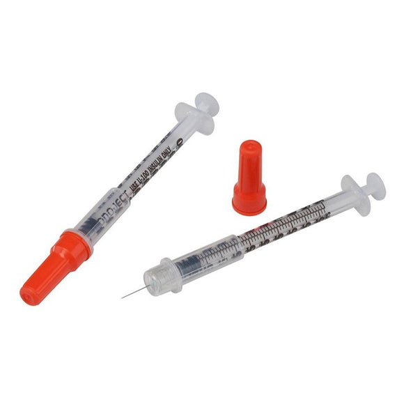 Covidien Monoject Safety 29G 1/2in (12.7mm) 1cc (1mL) U100 Insulin Syringes, 29 Gauge (0.33mm), Box of 100