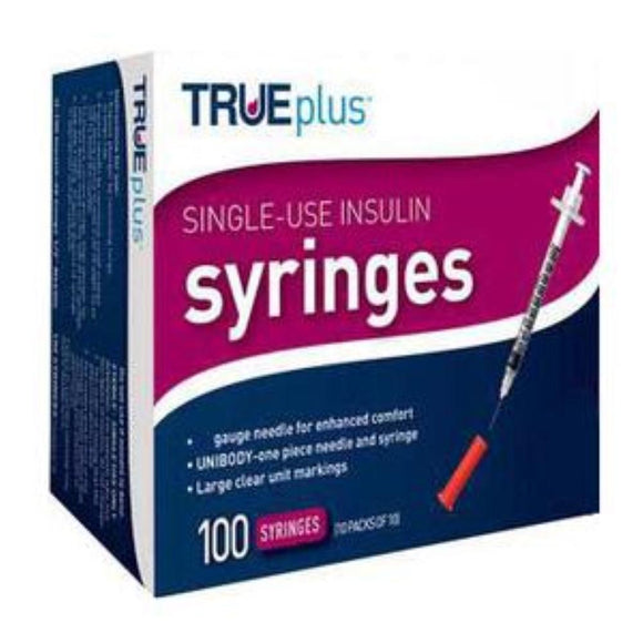 Trividia TRUEplus 31G (0.25mm) 5/16in (8mm) 3/10cc (0.3mL) U100 Insulin Syringes