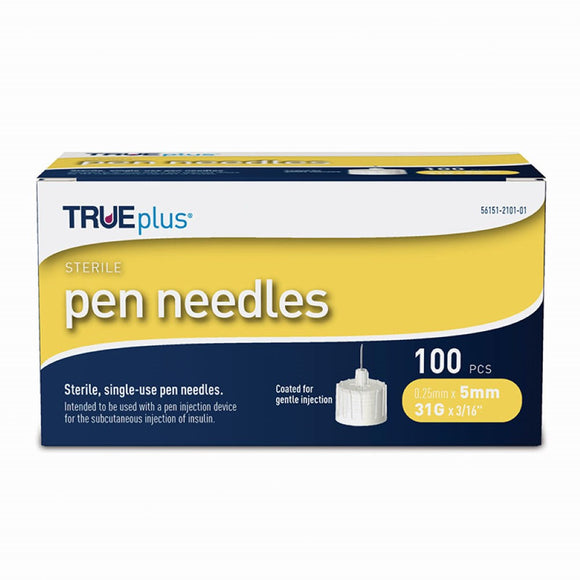 Trividia TRUEplus 31G (0.25mm) 3/16in (5mm) 100 U100 Insulin Pen Needles