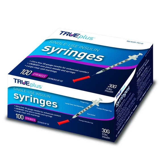 Trividia TRUEplus 30G (0.30mm) 5/16in (8mm) 3/10cc (0.3mL) U100 Insulin Syringes