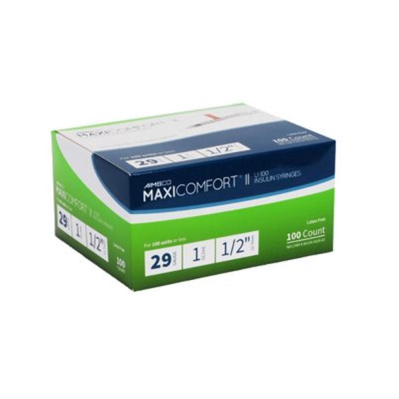 Delta Hi-Tech Aimsco 29G (0.33mm) 1/2in (12.7mm) 1cc (1mL) MaxiComfort II U100 Insulin Syringes, Box of 100