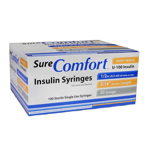 Allison Medical SureComfort 30G (0.30mm) 5/16in (8mm) 1/2cc (0.5mL) U100 Insulin Syringes