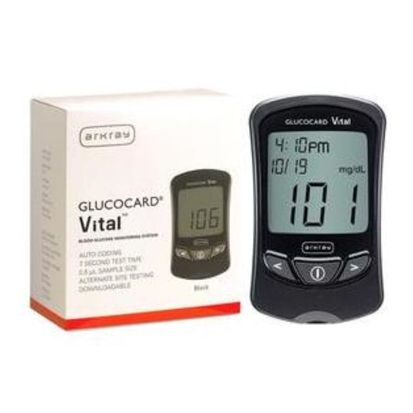 Arkray Glucocard Vital Blood Glucose Meter Kit, Sugar Level Monitoring System with 250 test memory, Auto Coding, 60001