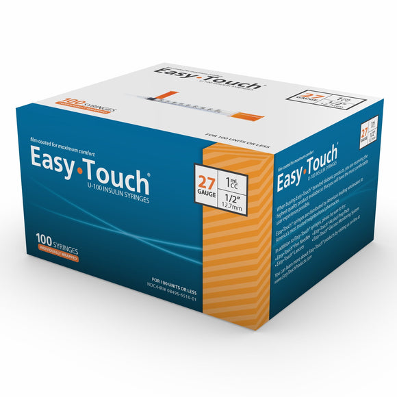 MHC EasyTouch 27G 1/2in (12.7mm) 1cc (1mL) U100 Insulin Syringes, 27 Gauge (0.41mm), Individually Wrapped