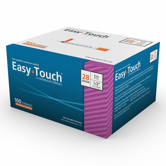 MHC EasyTouch 28G 1/2in (12.7mm) 1cc (1mL) U100 Insulin Syringes, 28 Gauge (0.36mm), Individually Wrapped