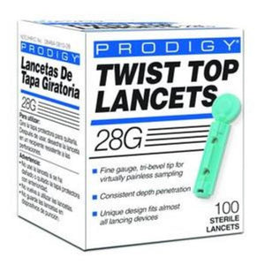 Prodigy 28G (0.36mm) Twist Top Lancets, 28 Gauge, Box of 100
