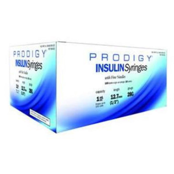 Prodigy 31G (0.25mm) 5/16in (8mm) 1/2cc (0.5mL) U100 Insulin Syringes, Box of 100