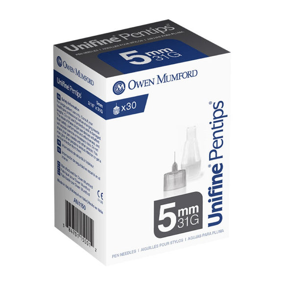 Owen Mumford Unifine Pentips 31G (0.25mm) 3/16in (5mm) 30 U100 Insulin Pen Needles