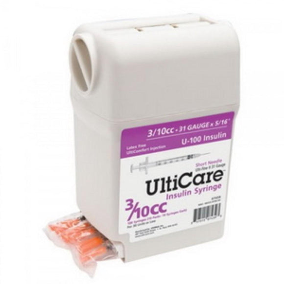 Ultimed UltiCare 31G (0.25mm) 5/16in (8mm) 3/10cc (0.3mL) U100 Insulin Syringes with UltiGuard Safe Pack