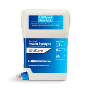Ultimed UltiCare 31G (0.25mm) 5/16in (8mm) 1/2cc (0.5mL) U100 Insulin Syringes with UltiGuard Safe Pack