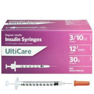 Ultimed UltiCare 30G (0.30mm) 1/2in (12.7mm) 3/10cc (0.3mL) U100 Insulin Syringes