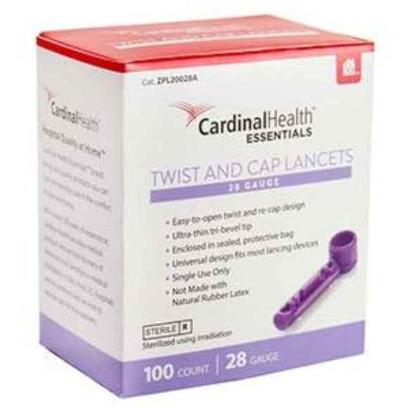 Cardinal Health 28G (0.36mm) Essentials Twist and Cap Lancets, 28 Gauge, Box of 100