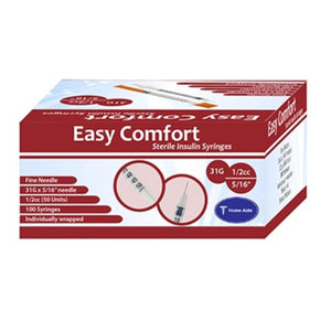 Home Aide EasyComfort 31G (0.25mm) 5/16in (8mm) 1/2cc (0.5mL) U100 Insulin Syringes, Box of 100