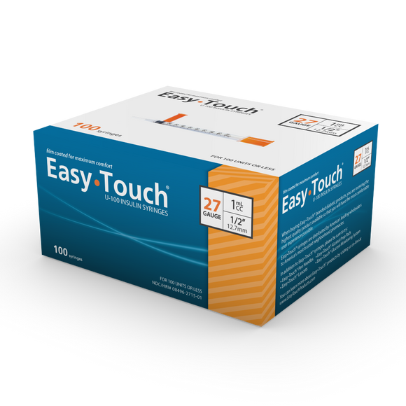 MHC EasyTouch 27G (0.41mm) 1/2in (12.7mm) 1cc (1mL) U100 Insulin Syringes